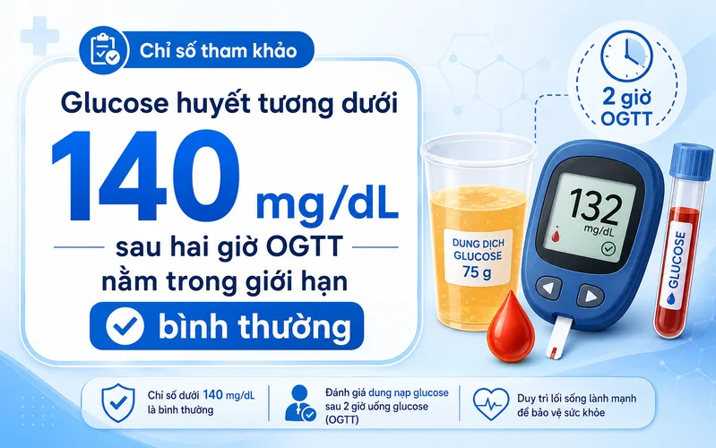 Glucose huyết tương dưới 140 mg/dL sau hai giờ OGTT nằm trong giới hạn bình thường
