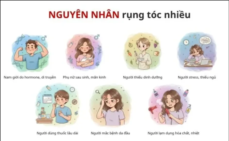 Tóc rụng nhiều có thể liên quan đến stress, thiếu chất, hormone, bệnh da đầu hoặc tác động hóa chất.